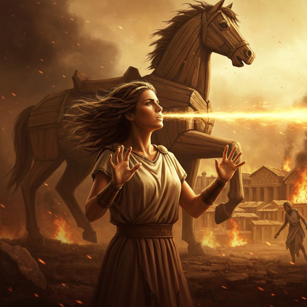 Cassandra of Troy trying to warn people, golden truth streaming from her voice against the burning city