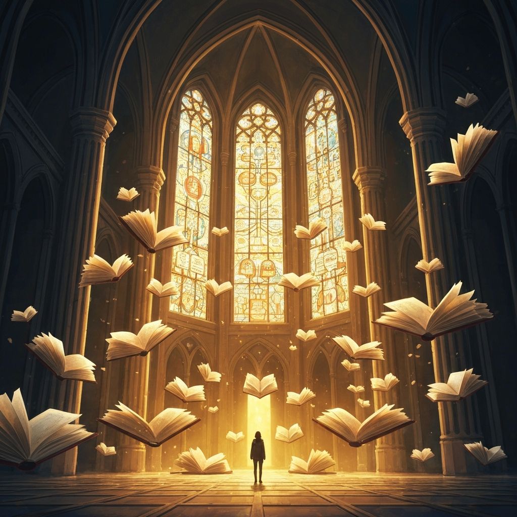 A cathedral made of floating books with golden light streaming through stained glass mind maps