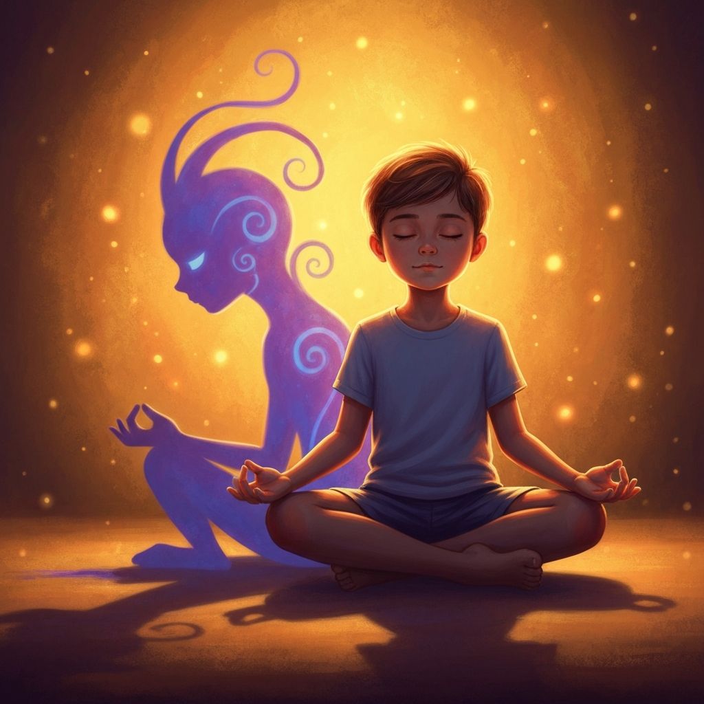 A child sitting in meditation with a friendly, colorful shadow creature beside them