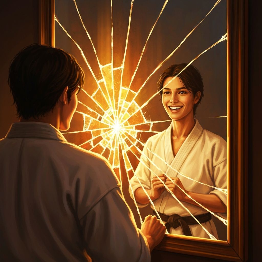A martial artist before a cracked mirror, seeing acceptance instead of an enemy