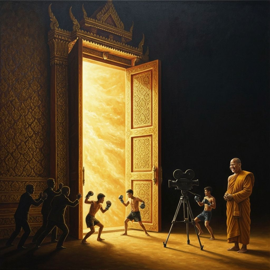 AI painting of ornate Thai temple doors swinging open with golden light flooding into darkness
