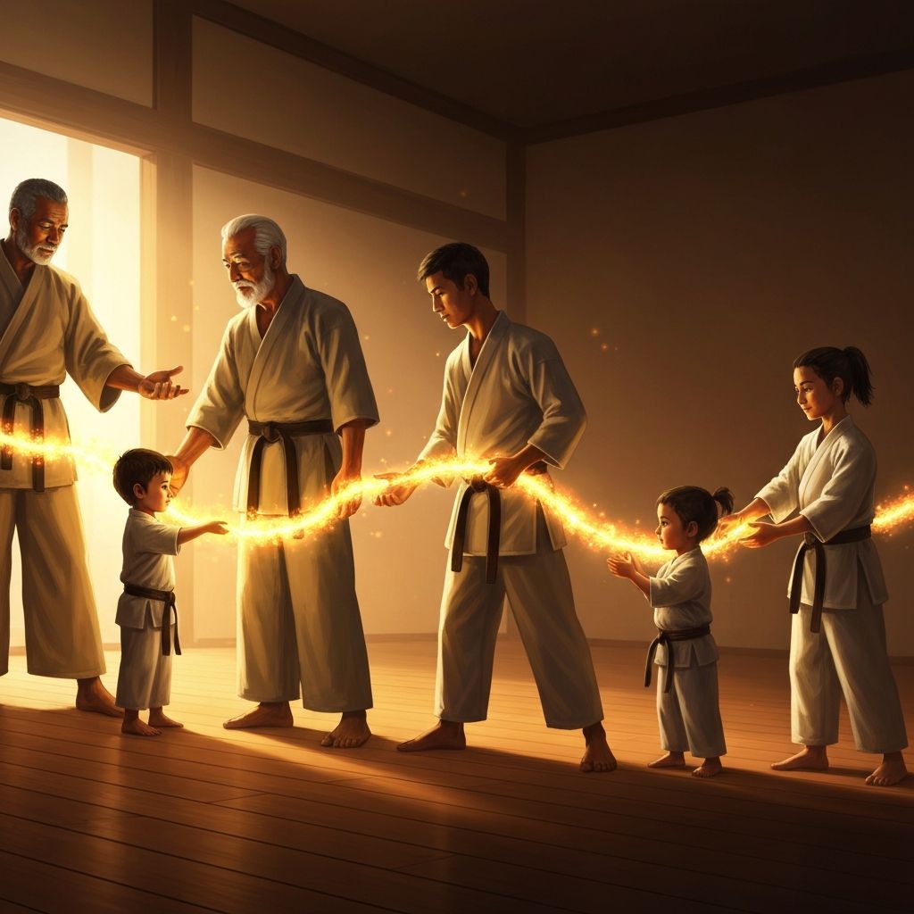 A chain of martial artists passing knowledge from master to student to child