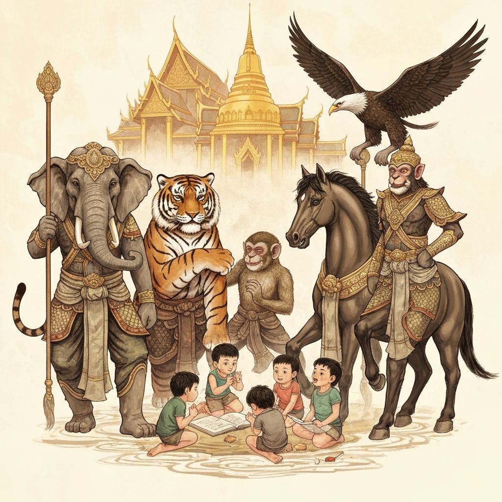 Five ancient animal warriors - Elephant, Tiger, Monkey, Horse, Eagle - protecting children in a circle