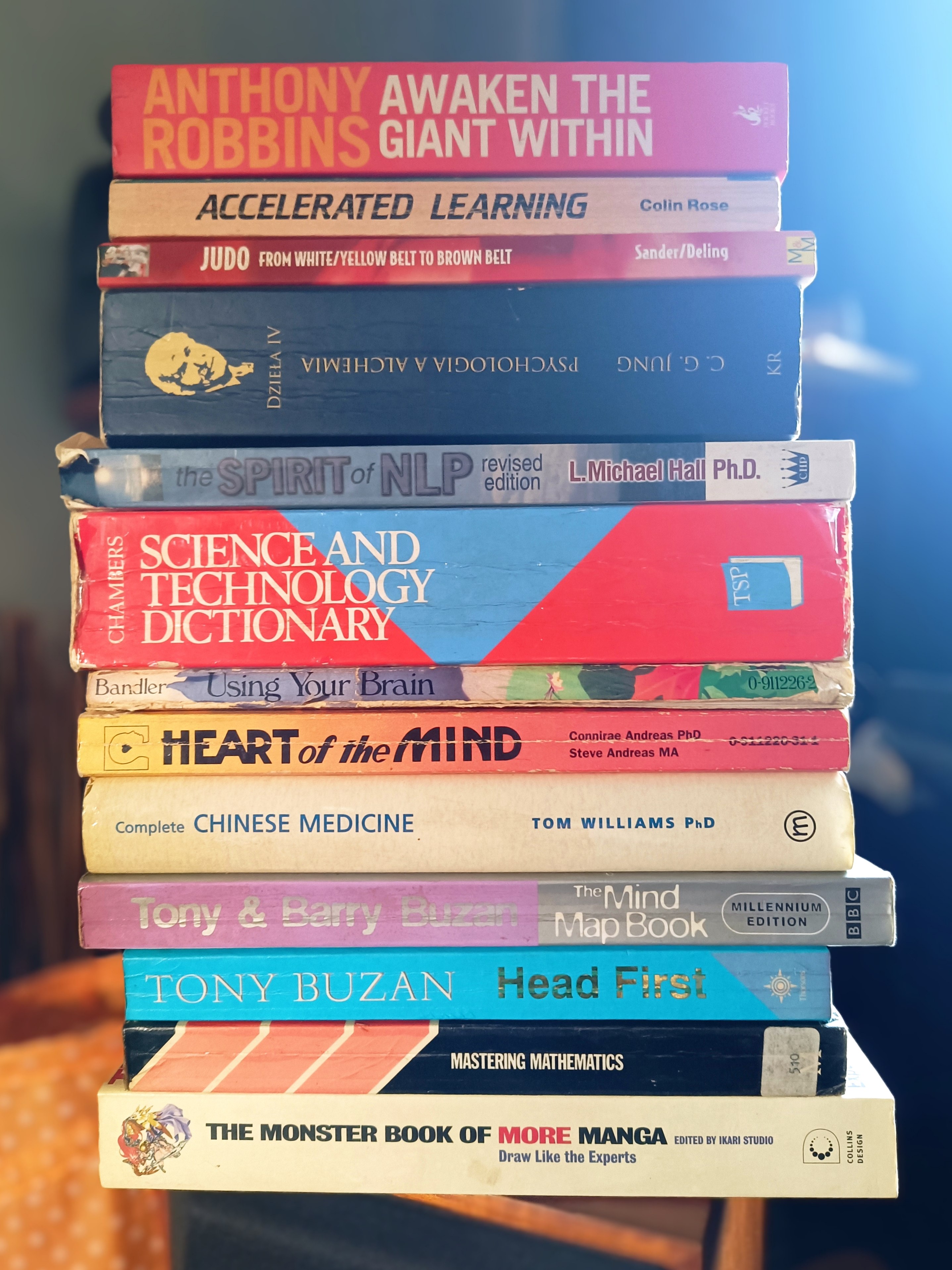 Stack of books including Anthony Robbins, Jung Psychology and Alchemy in Polish, NLP, Judo, Tony Buzan Mind Maps, Chinese Medicine, Manga