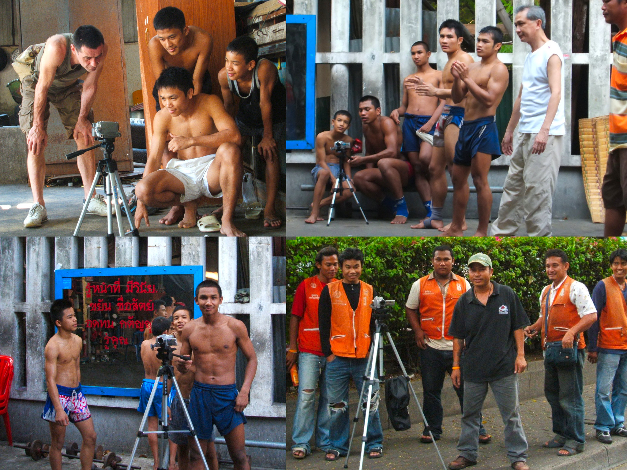 Four-shot montage of the Mythaistory film crew at Saengmorakot Camp - Darron filming Thai fighters with tripod, fighters crowding the camera, Thai motorcycle taxi drivers posing with crew