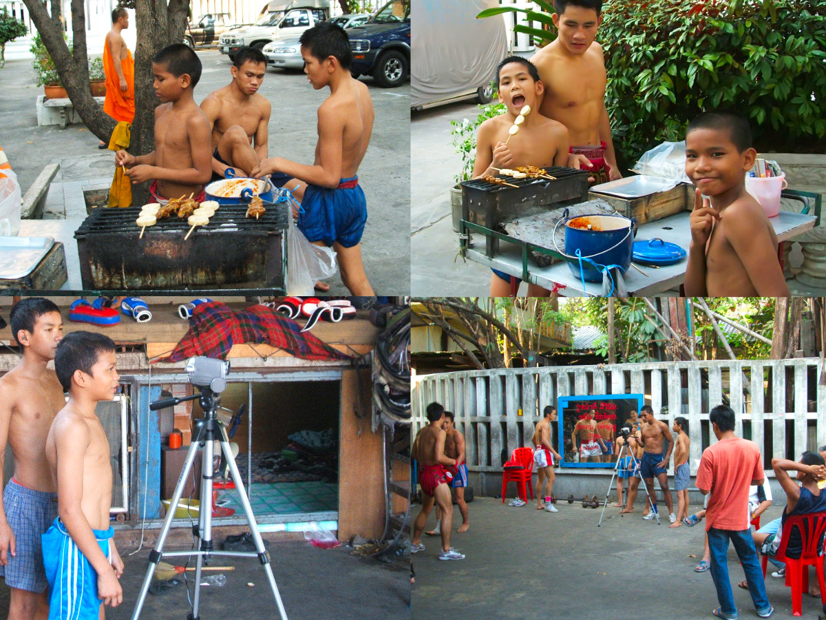 Four-shot montage of daily life at Saengmorakot Camp - boys grilling satay with a monk walking past, eating and laughing, watching the camera, fighters gathered outside