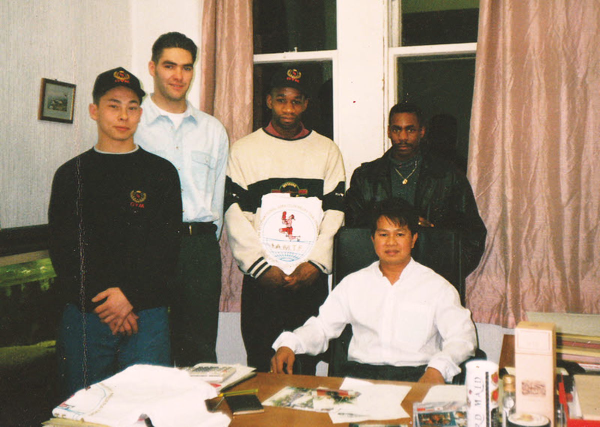 Darron, Jason Latto, Rick Manners, Ronnie Green and Grandmaster Woody the Thai Master, over 30 years ago, with IAMTF shield