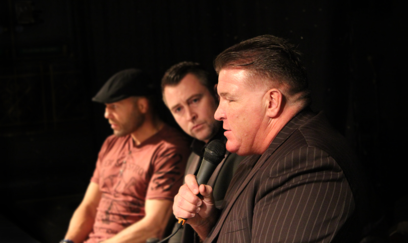 Big Joe Egan on the microphone with Randy Couture at the Liverpool Olympia event
