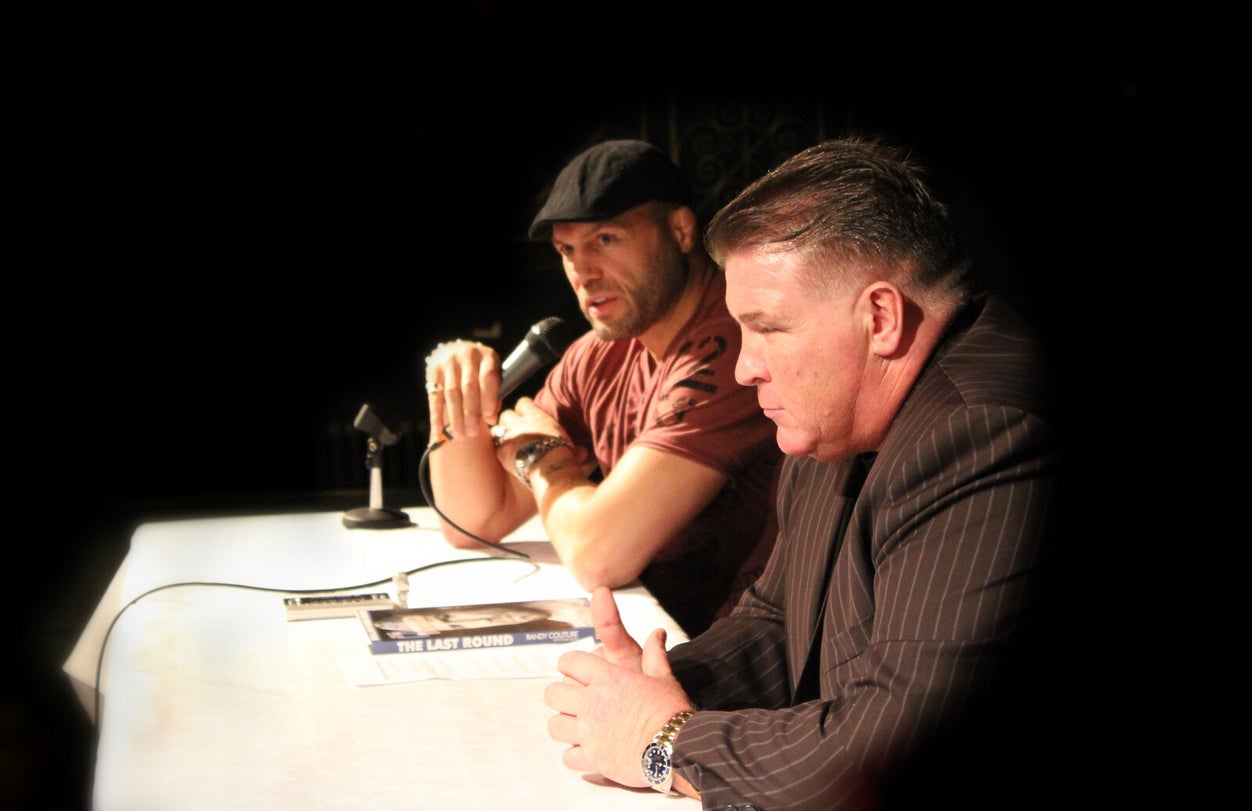 Big Joe Egan listens respectfully as Randy Couture speaks at Liverpool Olympia