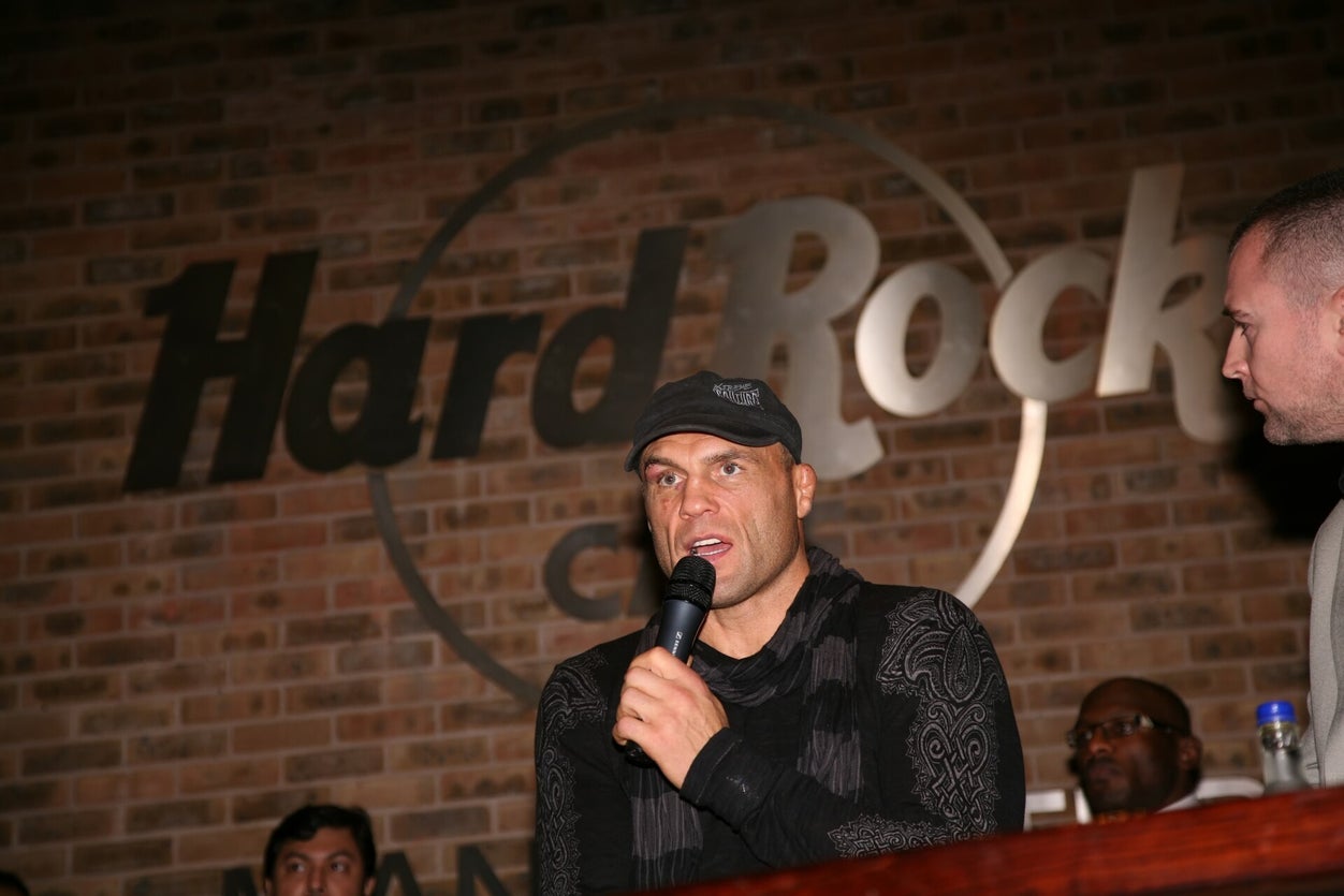 Randy Couture speaking on mic at Hard Rock Cafe Manchester, UK tour