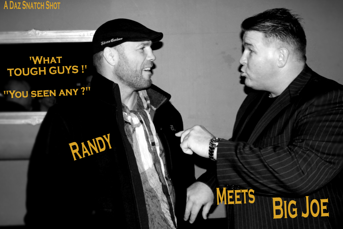 Randy Couture meets Big Joe Egan in Manchester - black and white Guy Ritchie style with text: What tough guys! You seen any?