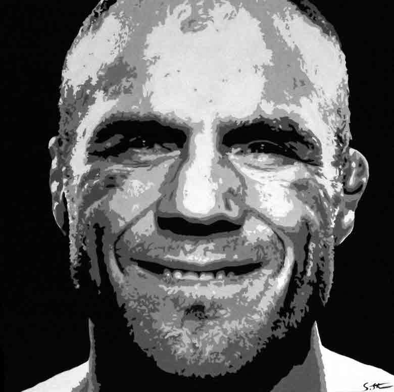 A stunning black and white pop-art portrait painting of Randy Couture smiling, by an artist in Scotland