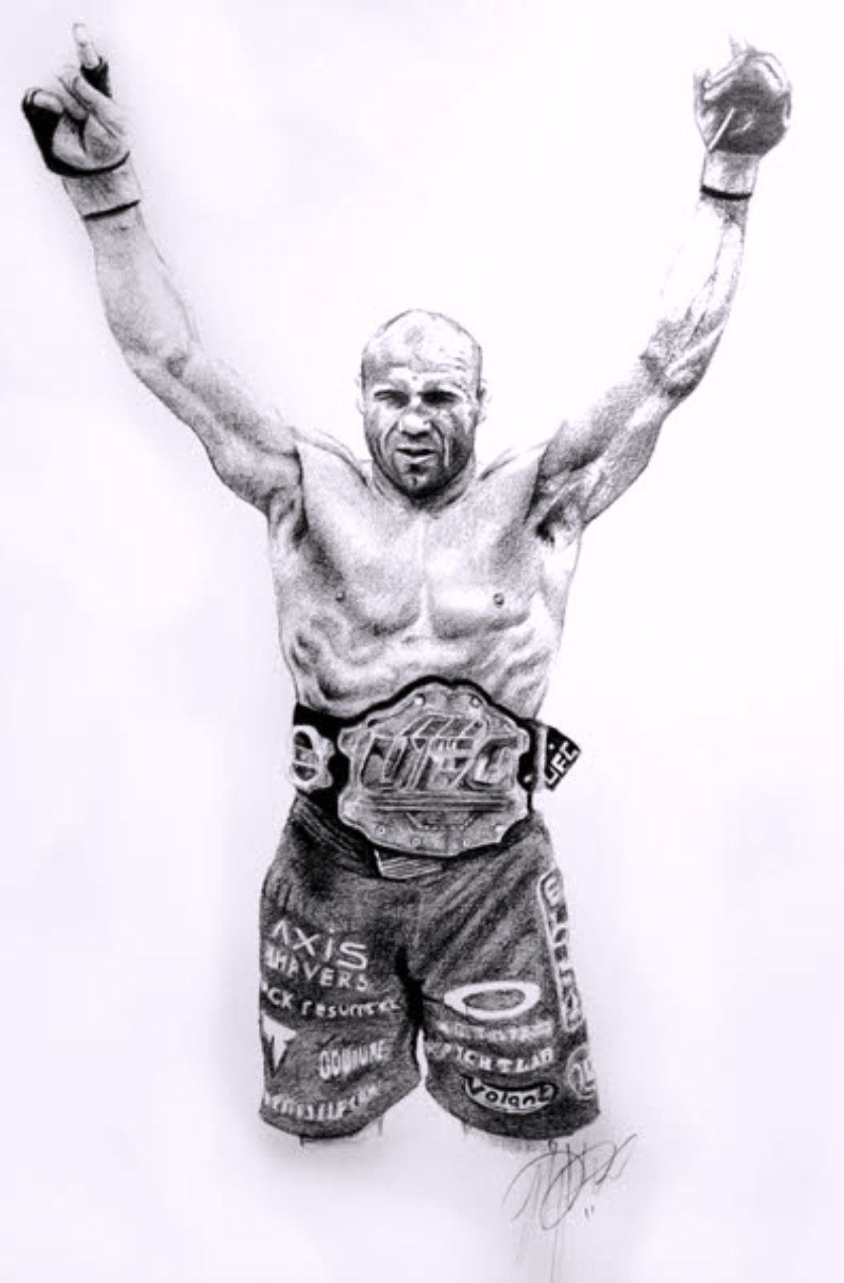 A stunning hand-drawn pencil portrait of Randy Couture with arms raised and UFC belt, created by an artist in Manchester