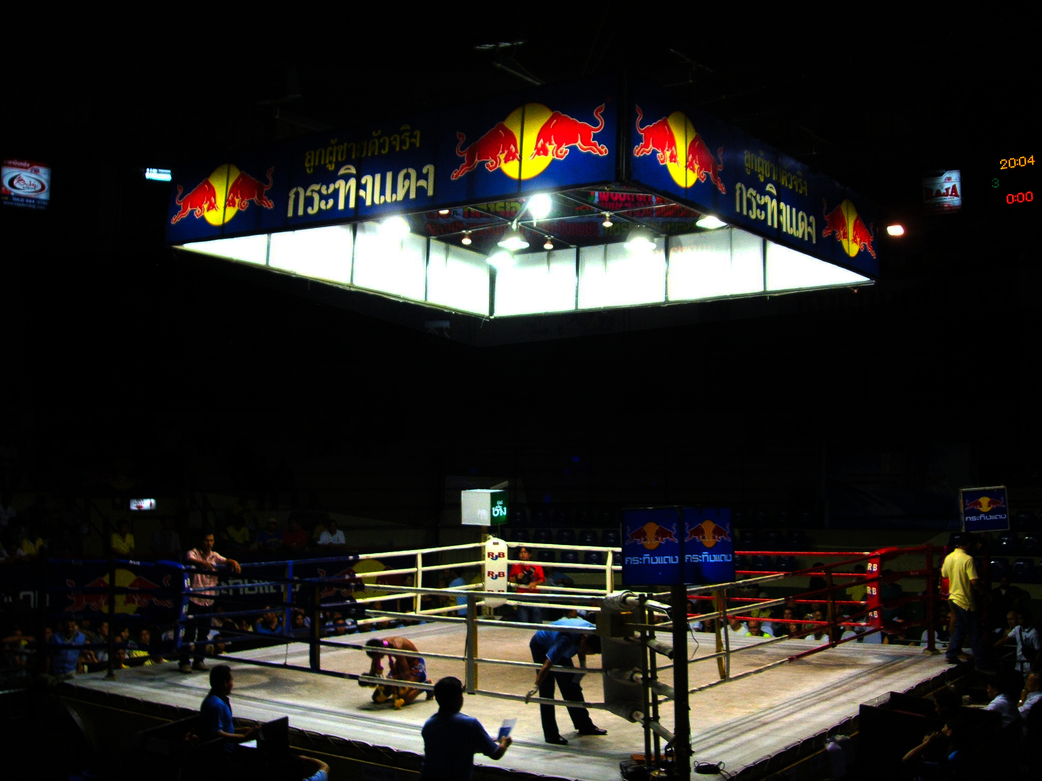 Inside Ratchadamnern Stadium Bangkok, the most famous and prestigious Muay Thai stadium in the world, Red Bull sponsorship visible