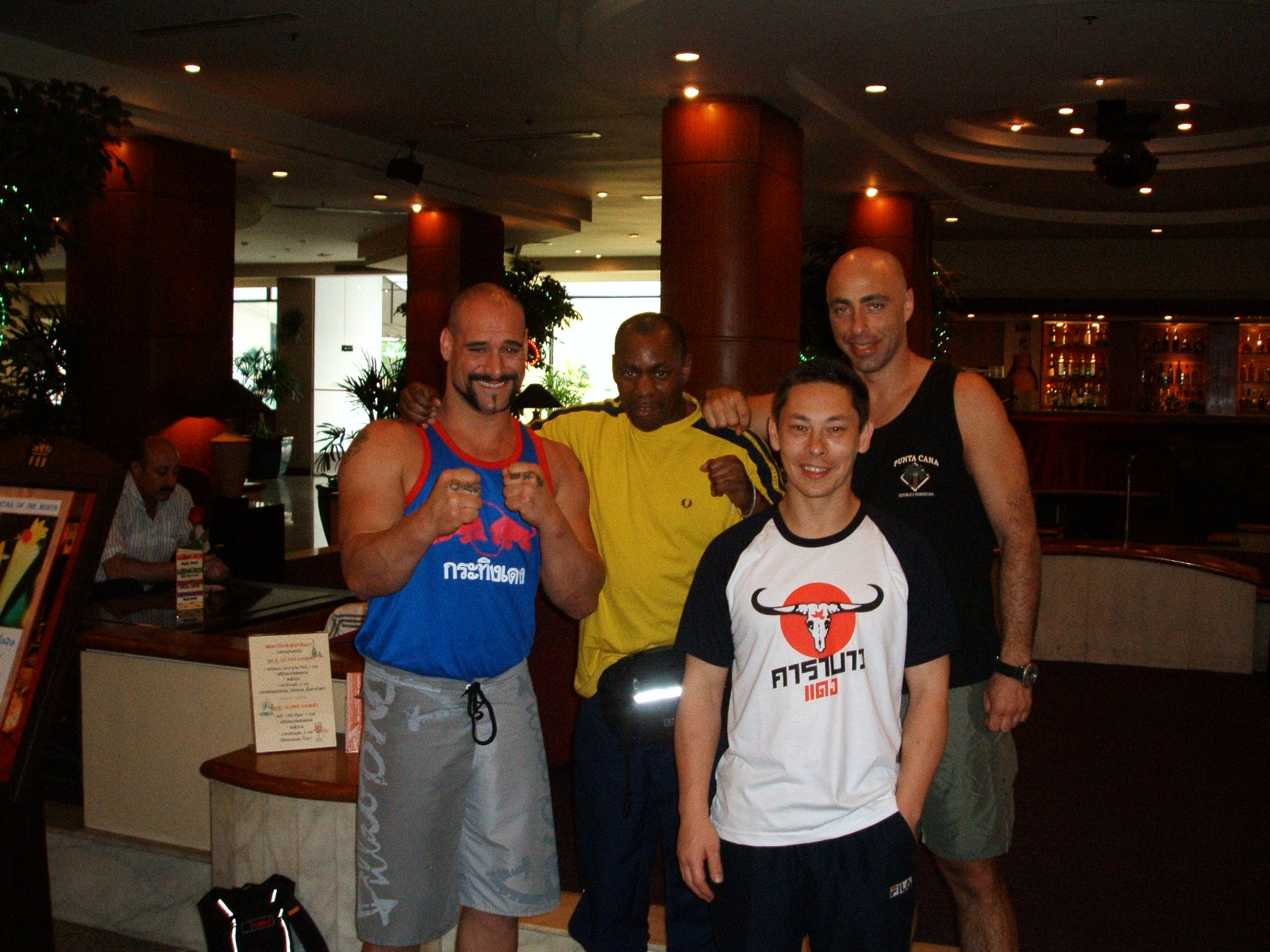 Master Ronnie Green with his Australian Muay Thai friends in a Bangkok hotel lobby, Darron the shortest