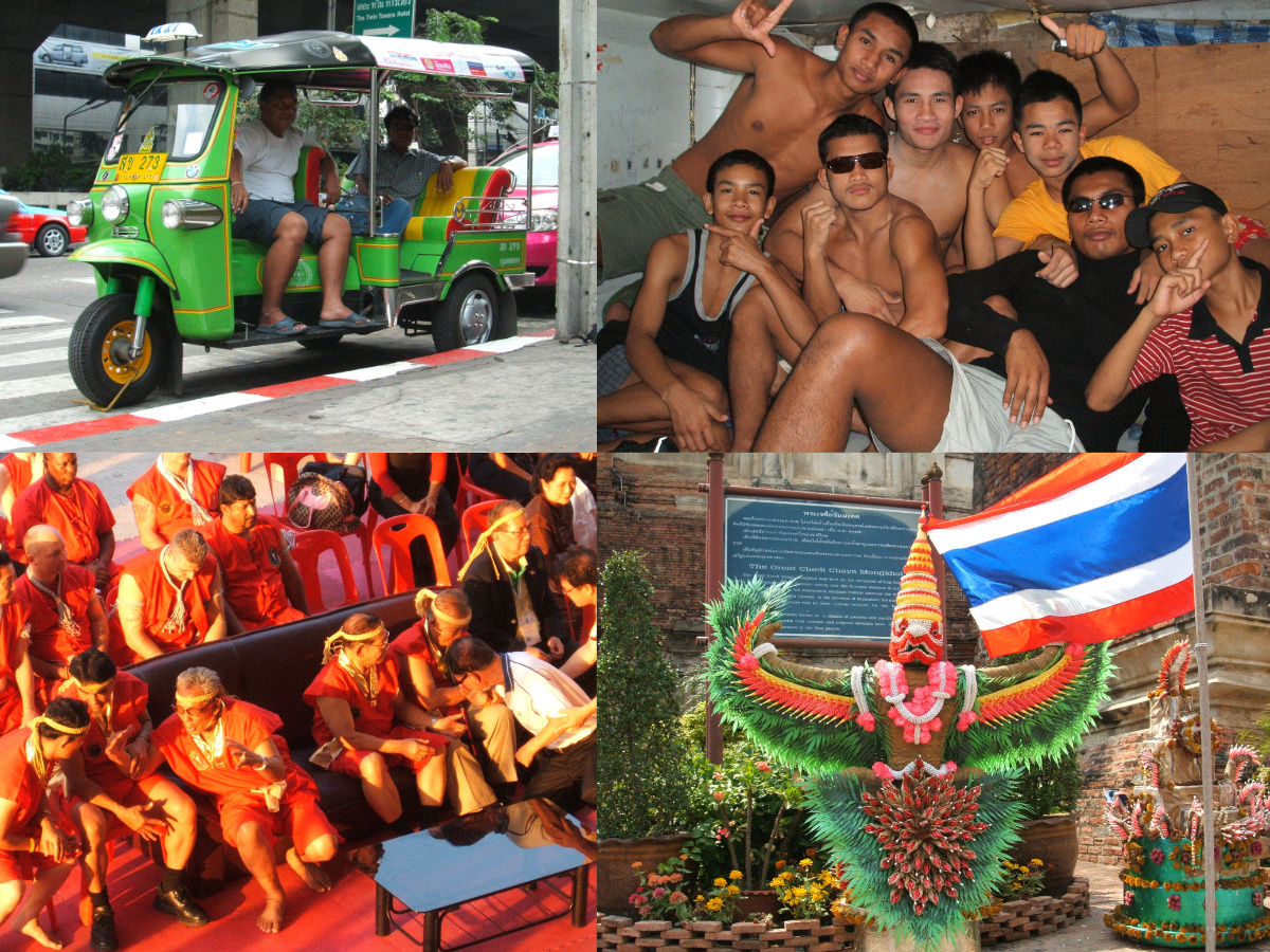Top left: Tuk Tuk Yow hiding in the shade of his green tuk tuk. Top right: Jartui's young fighters posing for the camera. Bottom left: Grandmasters including the late Yodtong Senanan. Bottom right: Thai Garuda made of flowers in Ayutthaya.