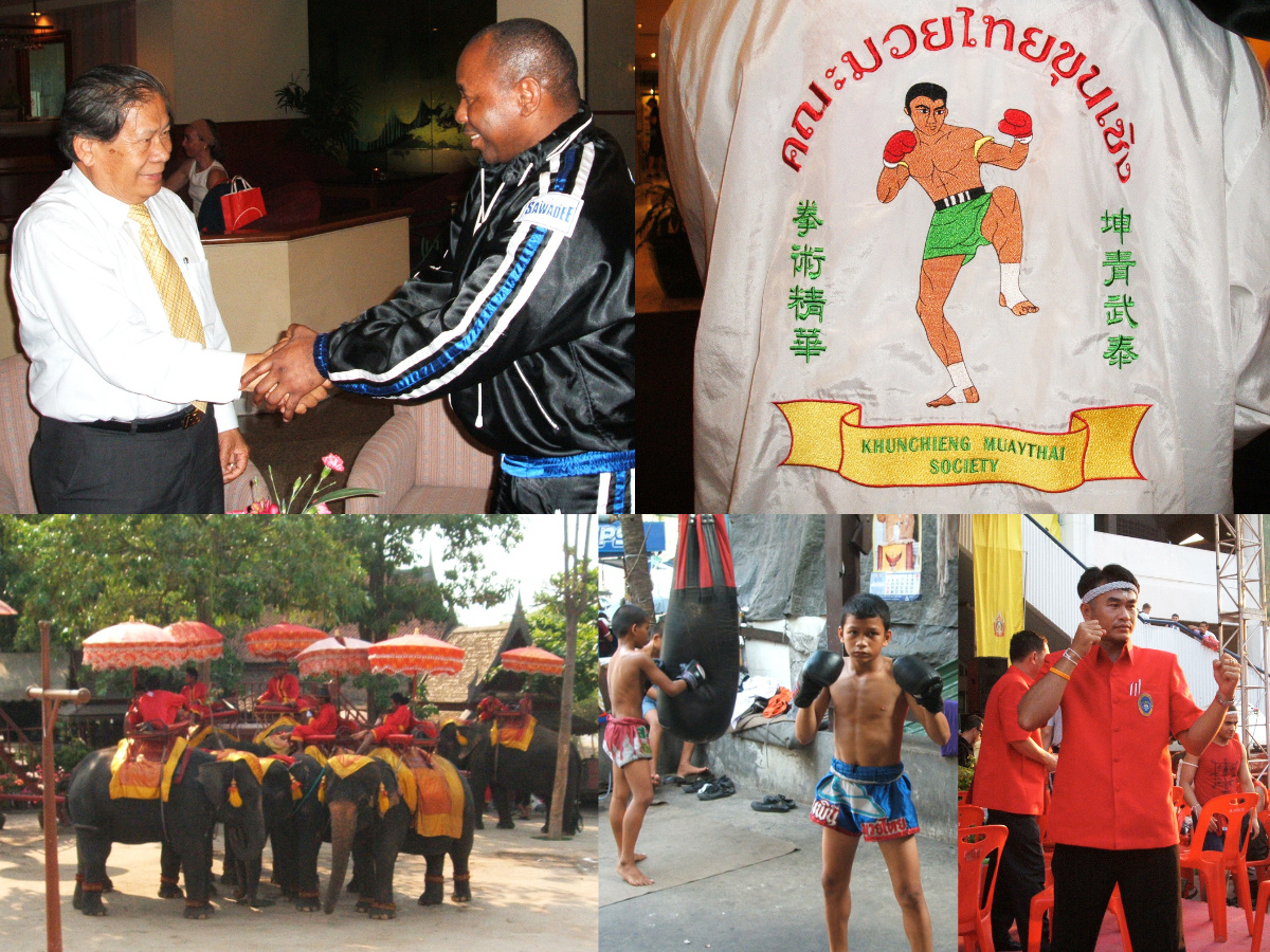 Top left: General Kwan Robcop shaking hands with Ronnie. Top right: Alex Tsui's Khunchieng Muay Thai Society silk jacket. Bottom left: Elephants in Ayutthaya. Bottom right: Jartui's young fighters and the famous Nounours Krongsak.