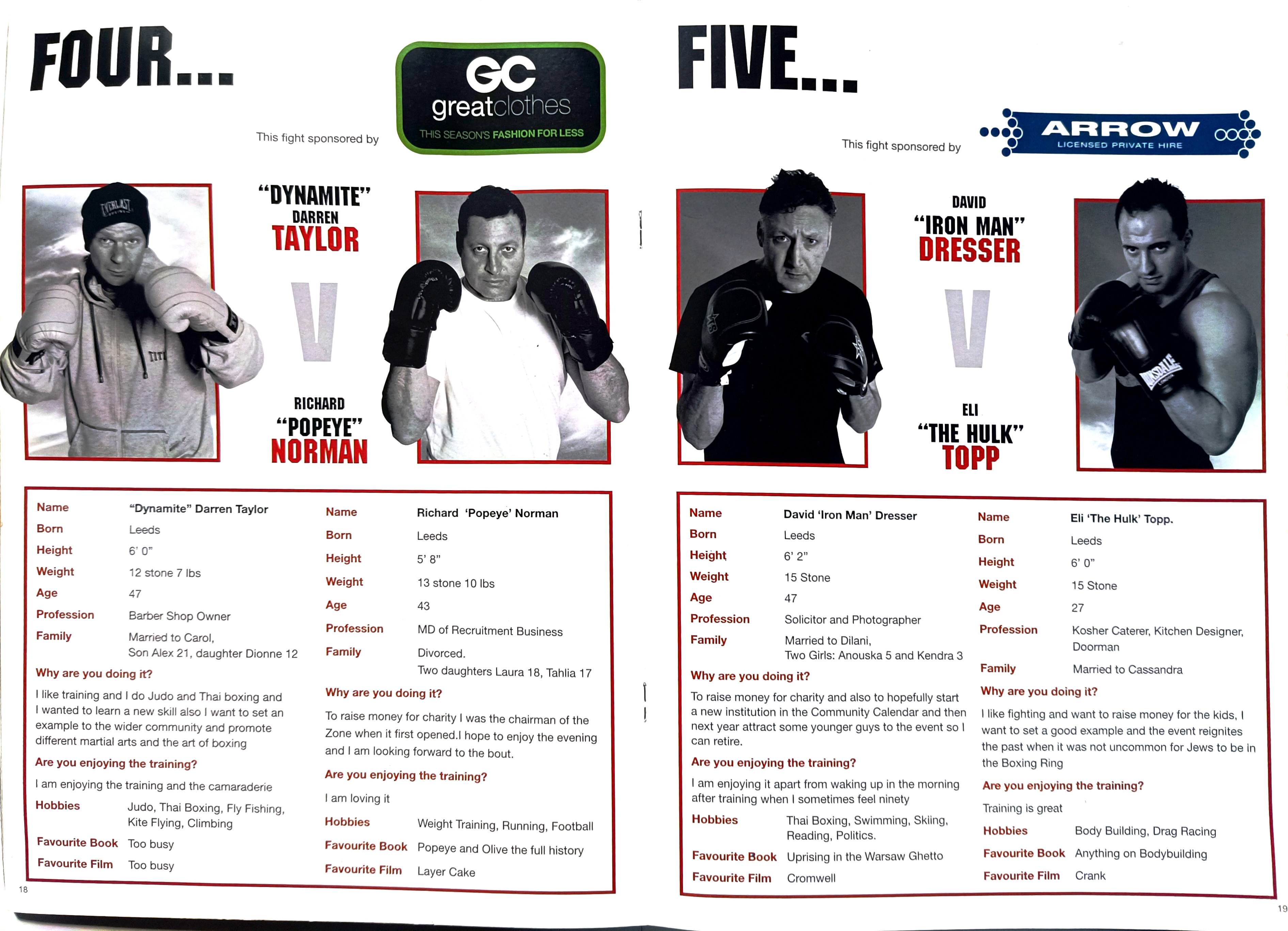 Fight card showing Dynamite Darren Taylor vs Popeye Norman, and Iron Man Dresser vs The Hulk Topp
