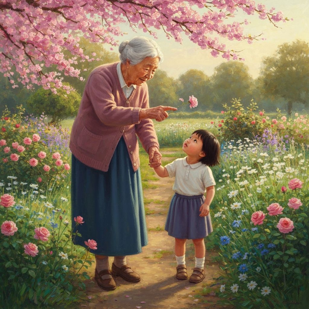 Grandmother and child in flower garden
