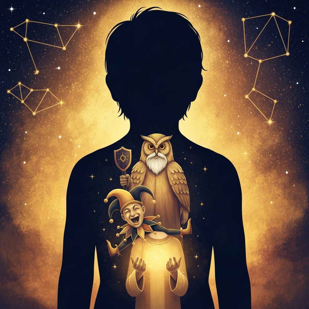 The silhouette of a young person containing four glowing archetypes within