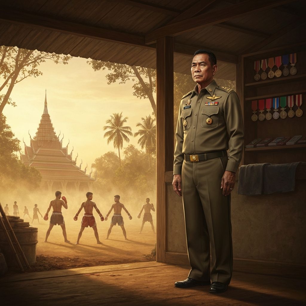 AI painting of Jartui Saengmorakot, former Royal Thai Air Force officer, standing outside his camp near a Buddhist temple