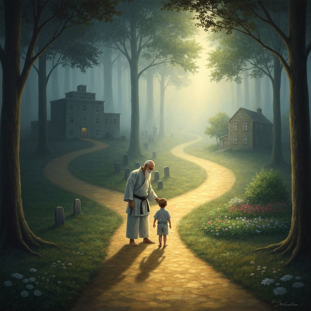 Two paths - the dark path to prison and hospital, the golden path to dojo and garden, a master guiding a child toward the light
