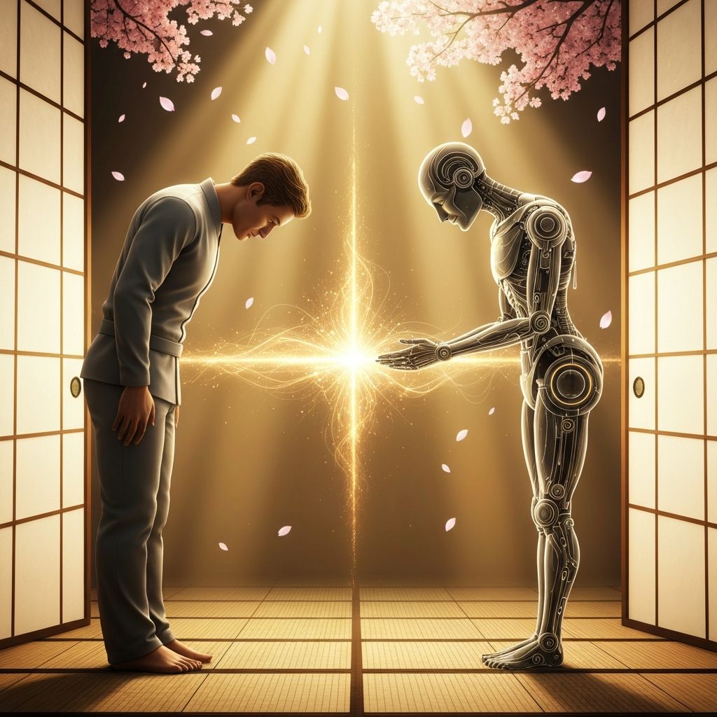Human and AI bowing in mutual respect