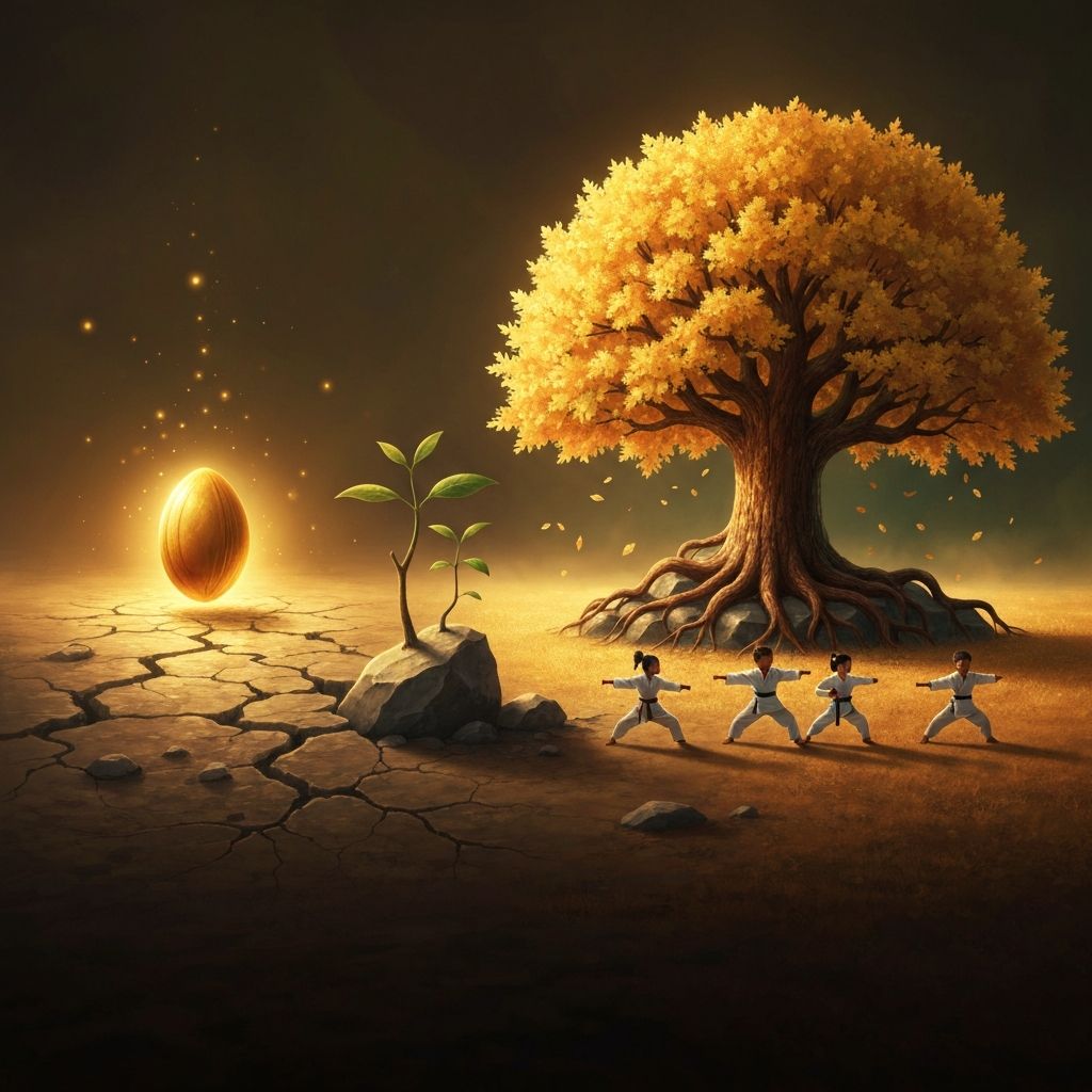 A golden seed growing through stony ground into a mighty tree, with children practicing martial arts below