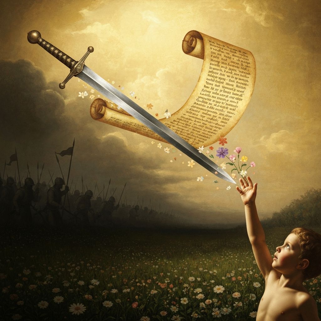 A sword transforming into a scroll of wisdom as a child's hand touches it, battlefield becoming garden