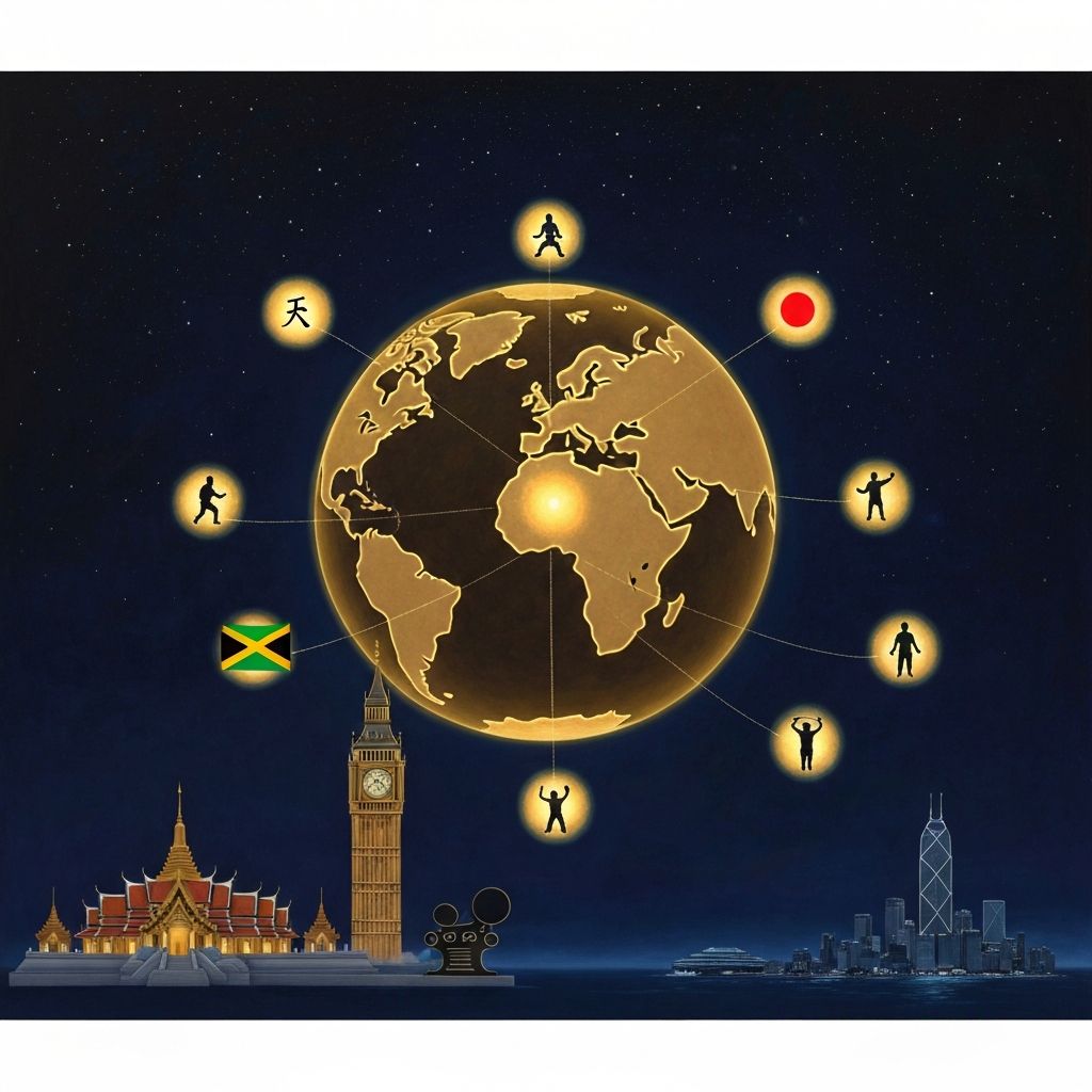 AI painting of a golden globe with threads of light connecting Thailand, Japan, Hong Kong, Jamaica, Africa, and England